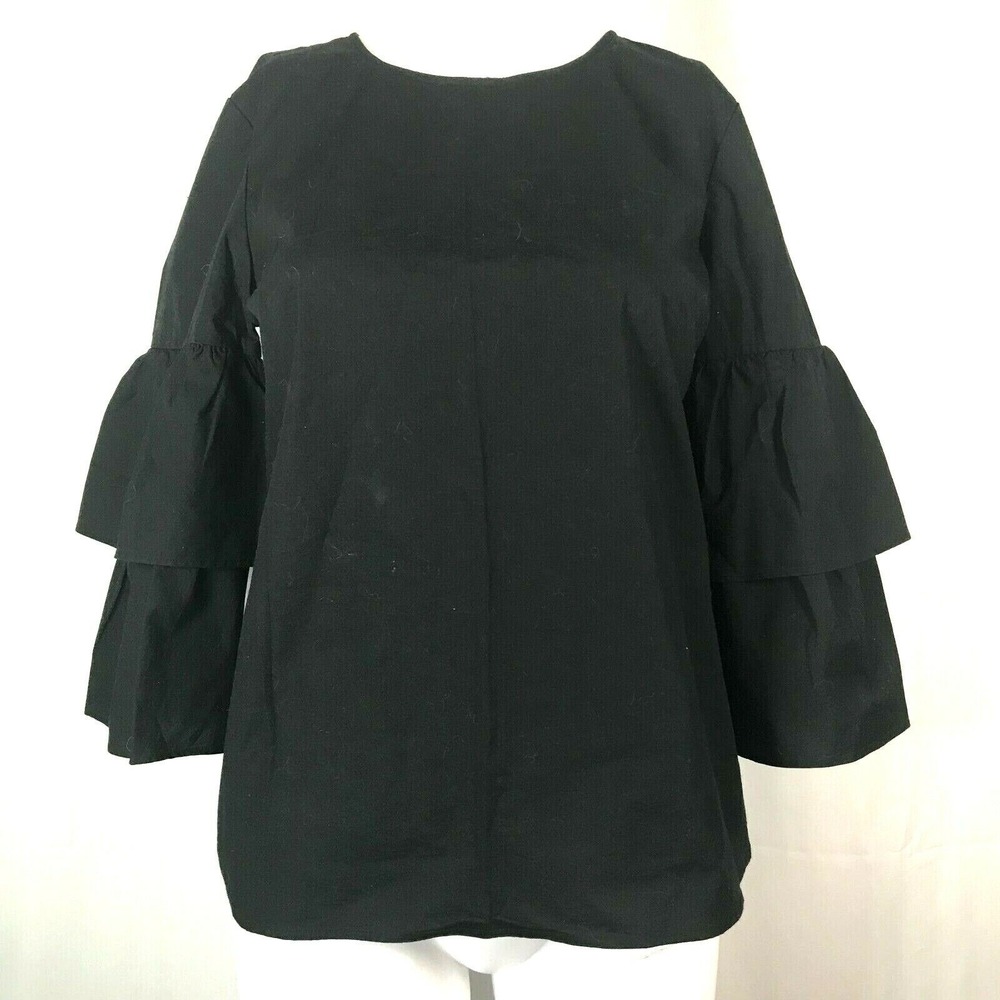 J. Crew Shirt Womens Sz 2 Black Cotton Tiered Ruffle Sleeve Peasant Gypsy Blouse